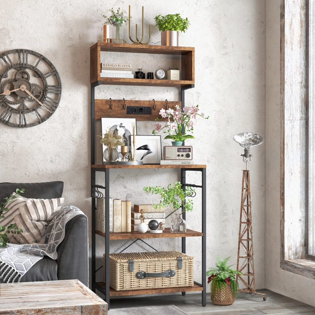Mensola da cucina con presa elettrica ripiani aperti e 10 ganci appendiabiti, Supporto per microonde alto 153cm Marrone-Organizzazione della cucina