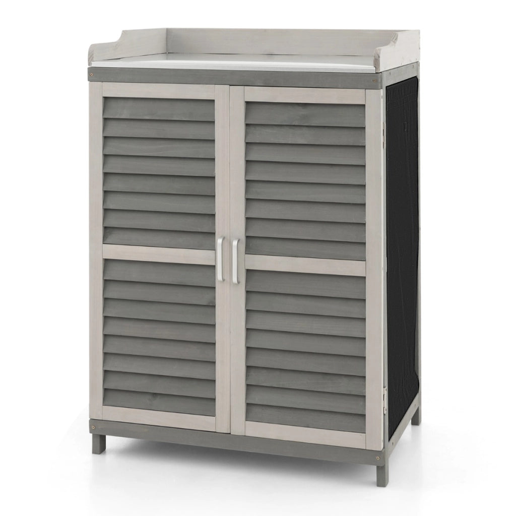 Armadietto da esterno in legno di abete con 2 ante magnetiche, 1 ripiano e piano in metallo placcato 67x47x100 cm Grigio-Casette da giardino