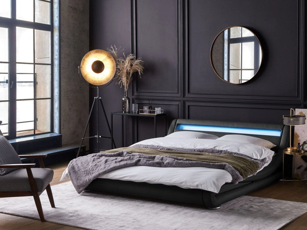 Piattaforma Letto ad acqua in ecopelle nera 140 cm 6 matrimoniale con accessori per materassi Testiera illuminata a LED