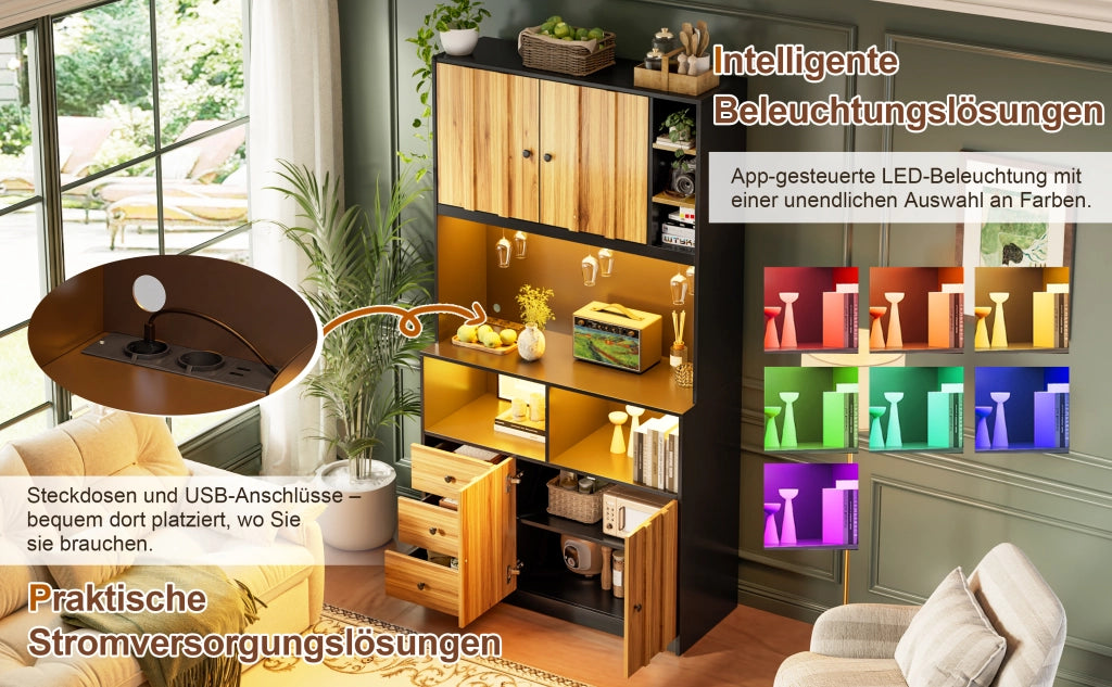 Hochschrank da cucina con vetrina, illuminazione LED RGB, prese integrate e portabicchieri, 100 x 40 x 180 cm