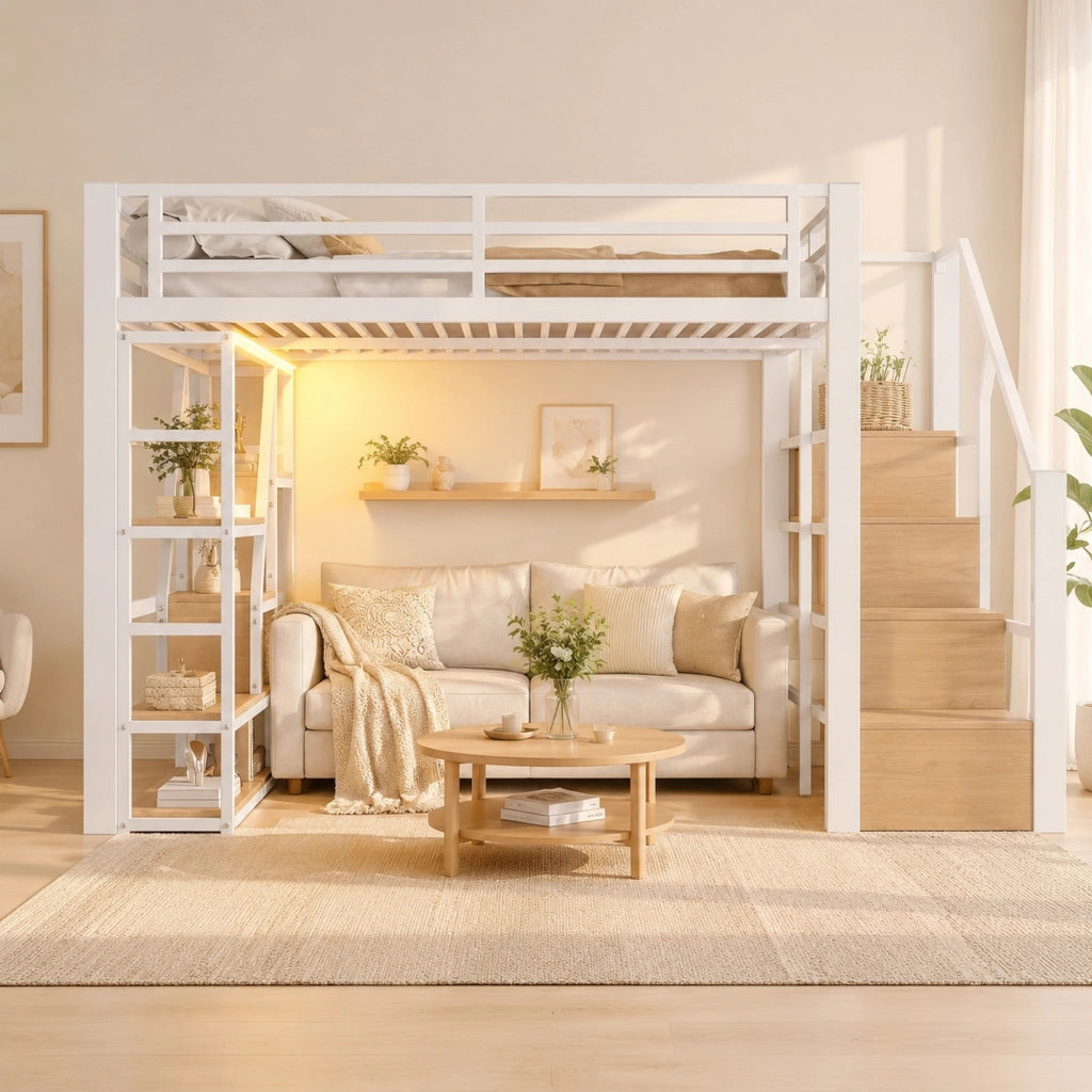 Letto a soppalco 140 × 200 cm con scaletta contenitore ripiani LED multicolore in metallo e MDF bianco