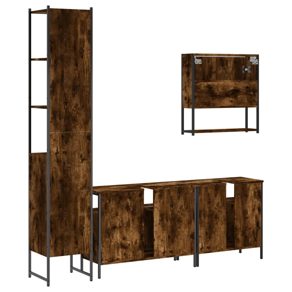 Set Mobili da Bagno | Armadio da bagno 4 pz Rovere Fumo in Legno Multistrato