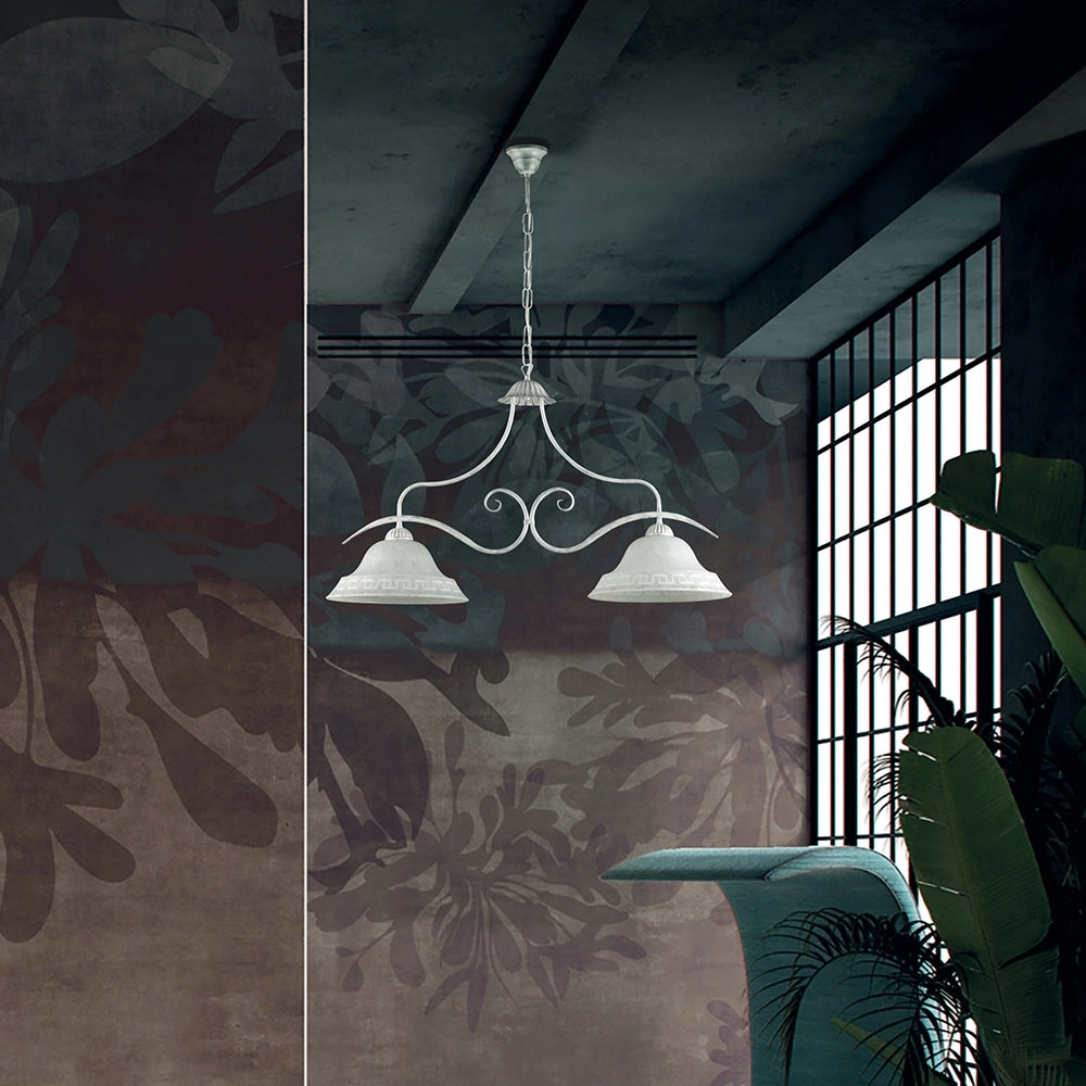 Bilanciere Country Chic 2 Luci Ferro Battuto e Vetro Bianco e Argento Serie Atene