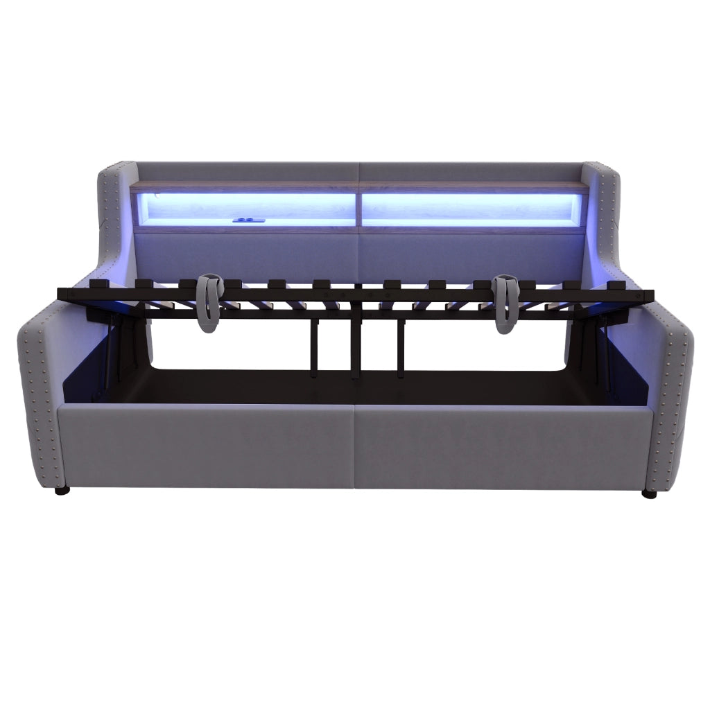 Divano letto 90x200 cm con contenitore, LED, USB e USB-C in velluto grigio