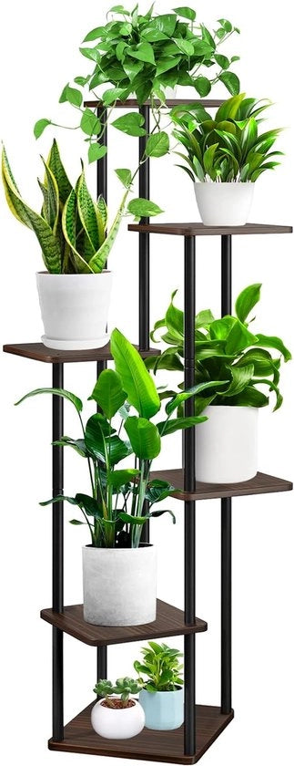 Rack a più livelli in legno di faggio nero per fiori e piante, con diverse altezze, per decorazione interna e esterna, per giardino, balcone.