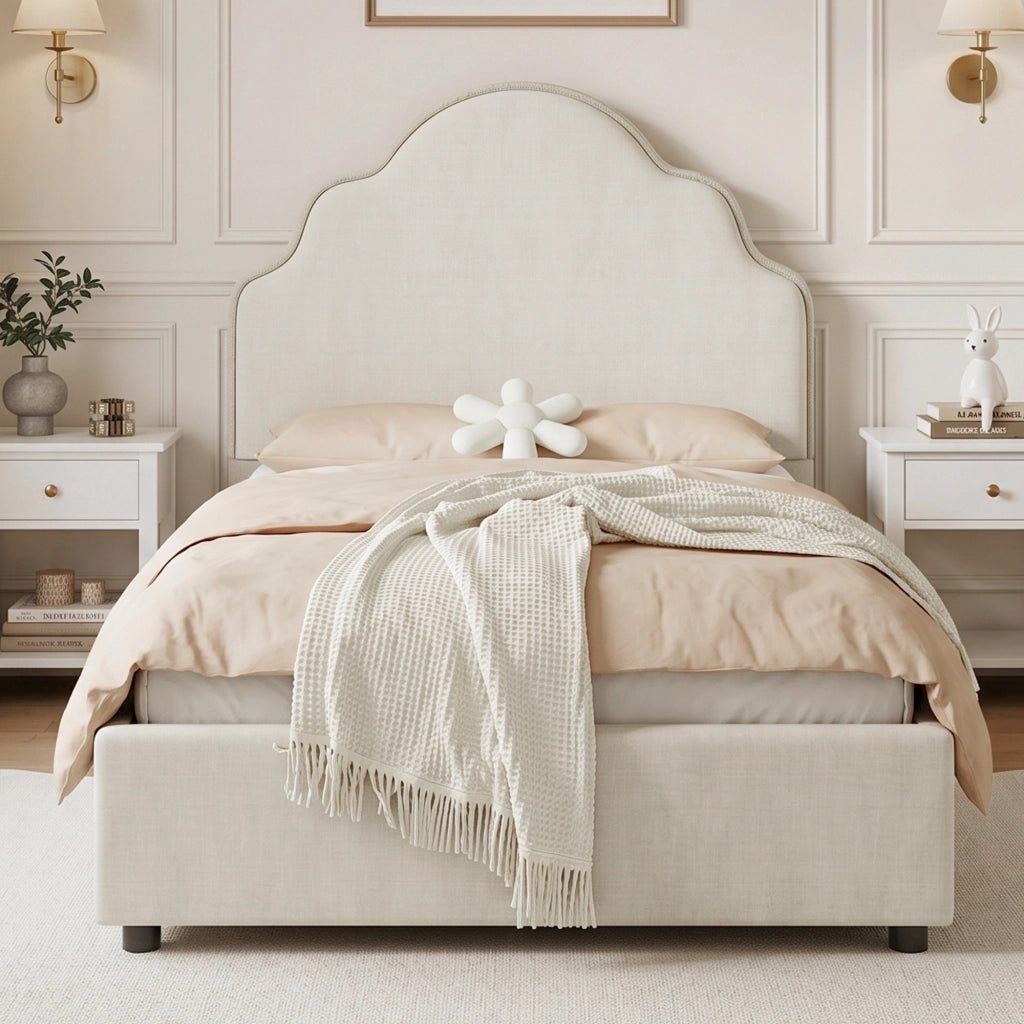 Letto per bambini 90 × 200 cm con testiera imbottita a forma di nuvola, senza materasso, in lino beige