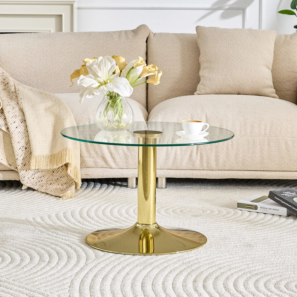 Tavolino rotondo 70 cm oro in vetro e metallo; base stabile