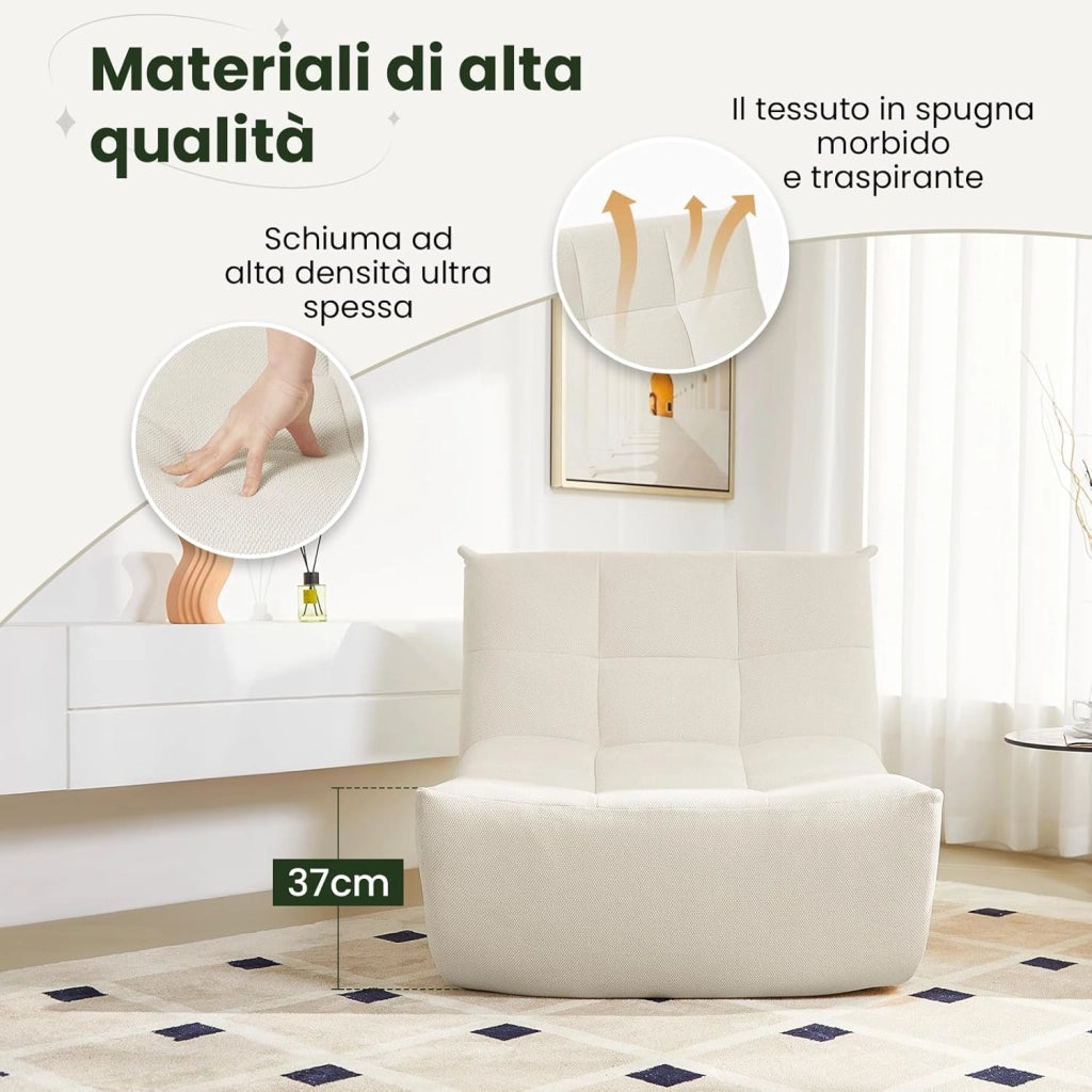 Poltrona Imbottita da Terra, Pouf Poltrona con Schienale, Sfoderabile, per Soggiorno, Camera da Letto, Balcone, 98x84x73 cm, in Spugna, Beige, 0033XXY