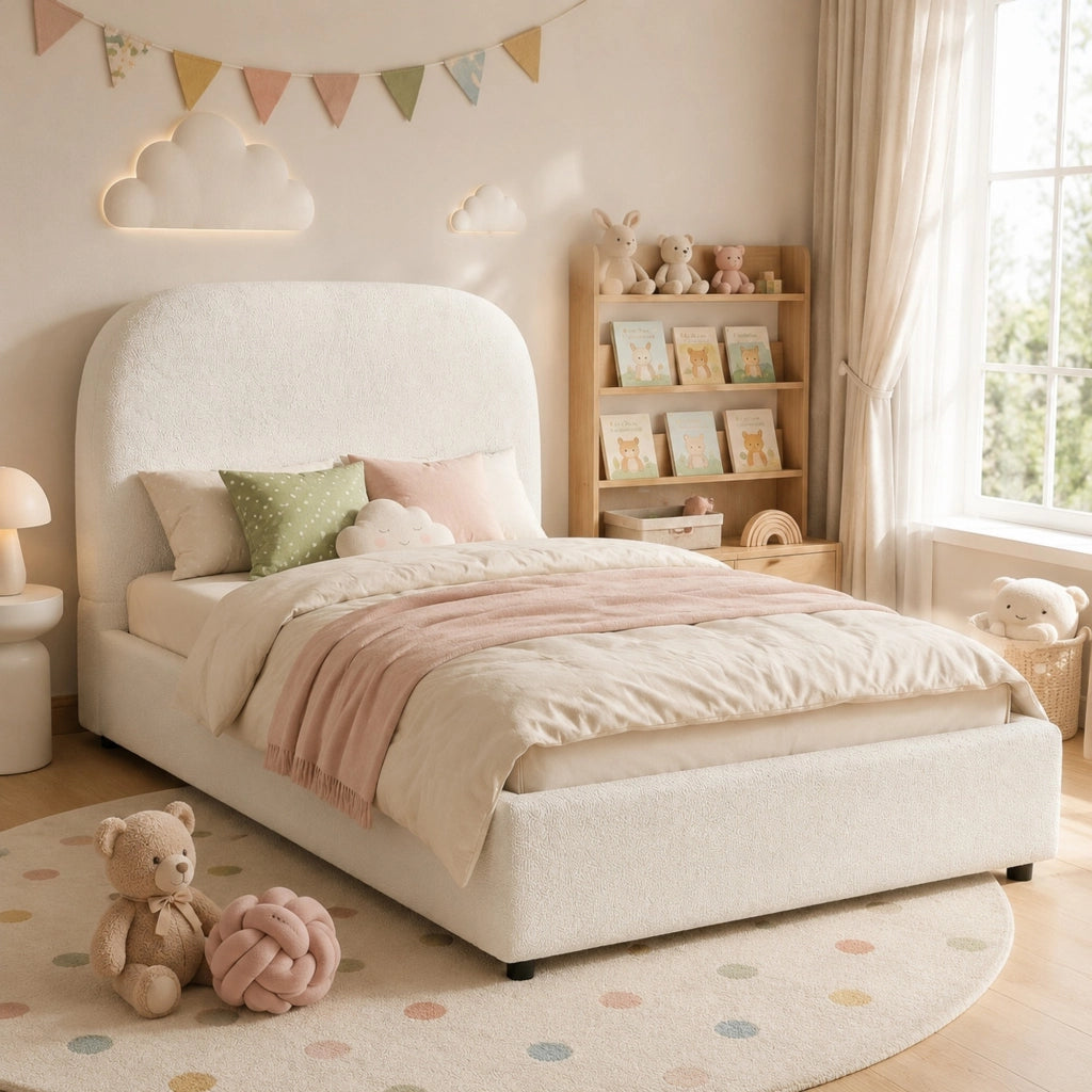 Letto singolo imbottito 90 x 200 cm in tessuto bouclé beige con contenitore idraulico