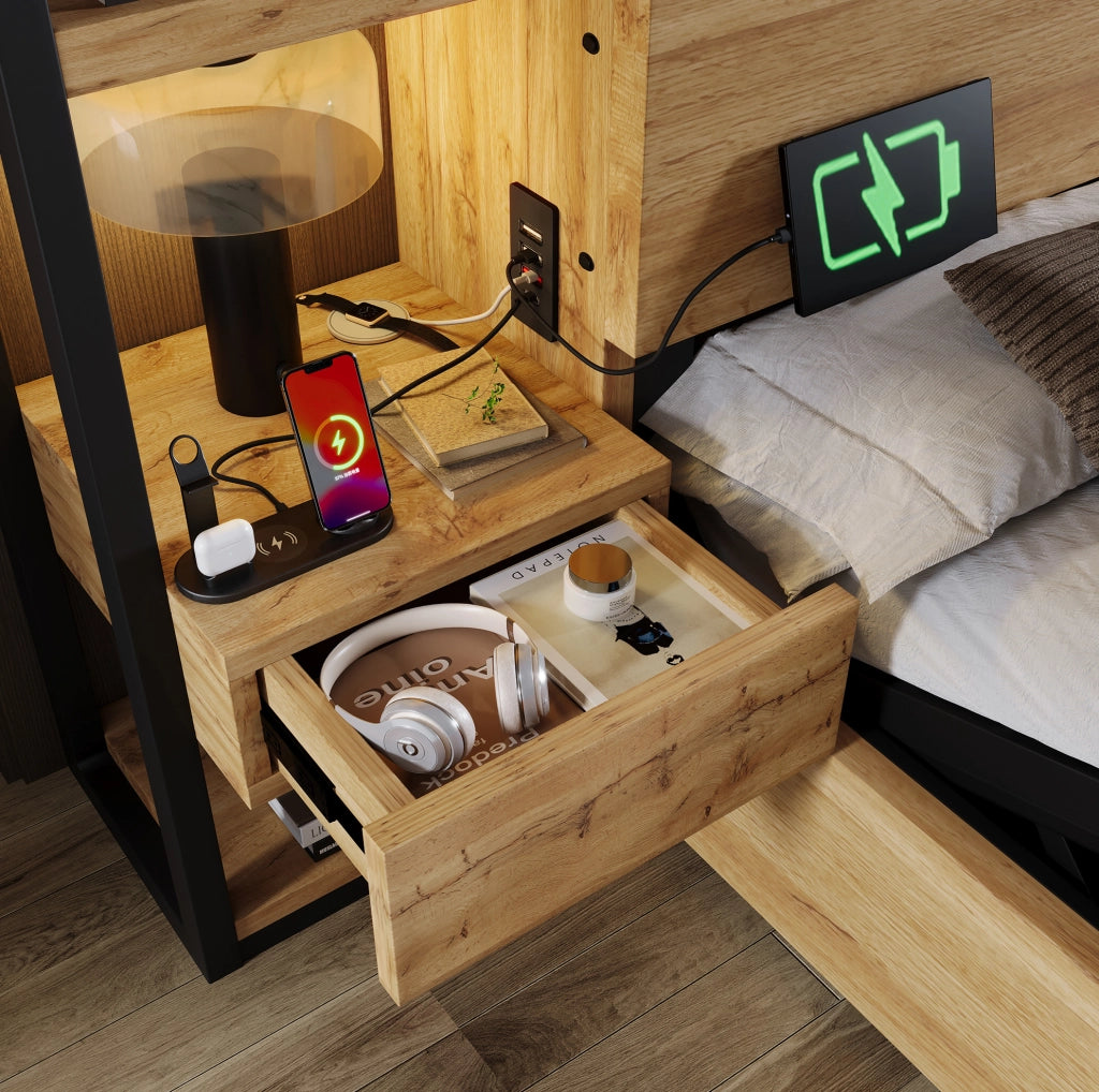 Letto matrimoniale contenitore in stile industriale con ricarica USB e Type-C