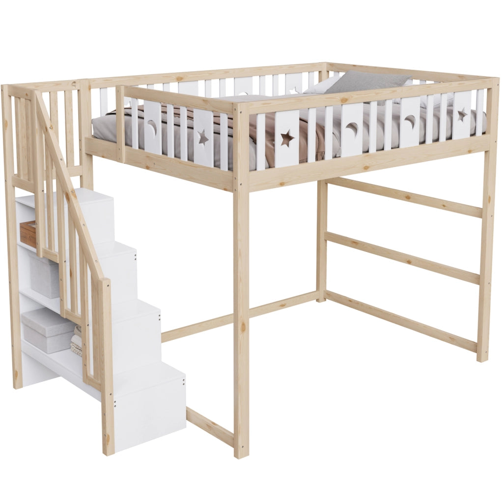 Letto a soppalco per bambini 140x200 cm con scala; ripiani e area divano; bianco e naturale