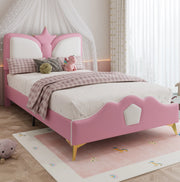 Letto imbottito 90x200 cm con testiera a corona in PU rosa e bianco