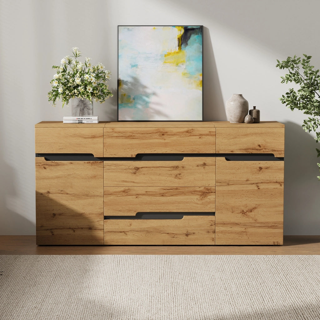 Credenza e madia con 2 ante e 4 cassetti, per soggiorno, in truciolato, color legno e nero, 160 × 40 × 80 cm