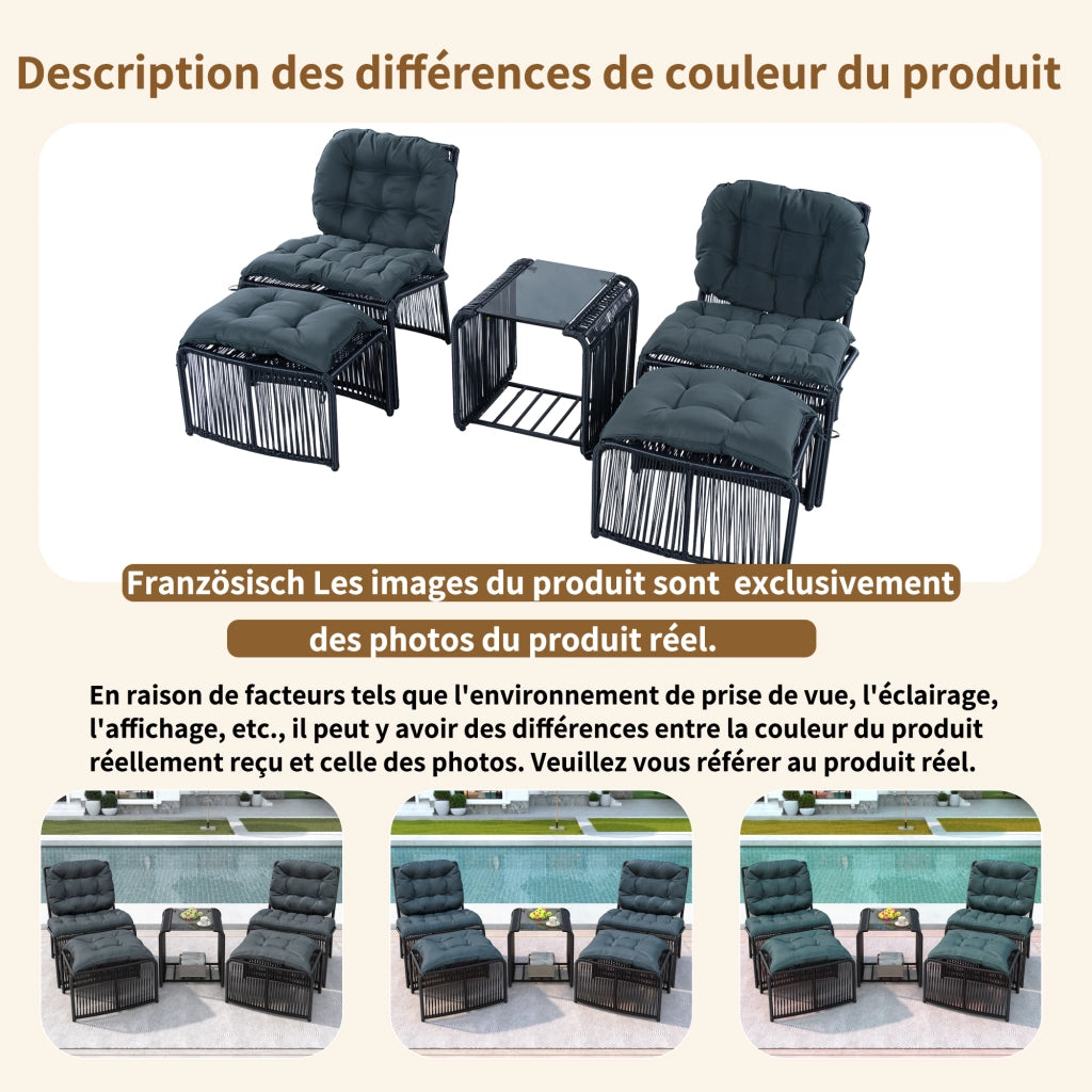 Mobili esterni cinque pezzi ferro e rattan resistente tavolo sedie sgabelli cuscini confortevoli piano vetro impermeabili per terrazzo giardino e balcone