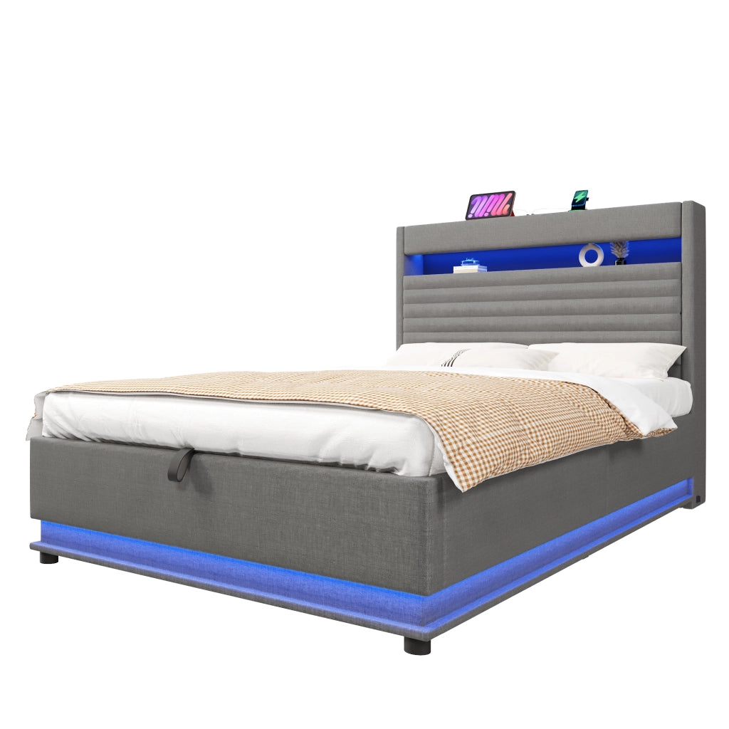 Letto imbottito con USB-C, LED e contenitore idraulico, 140x200 cm, lino grigio