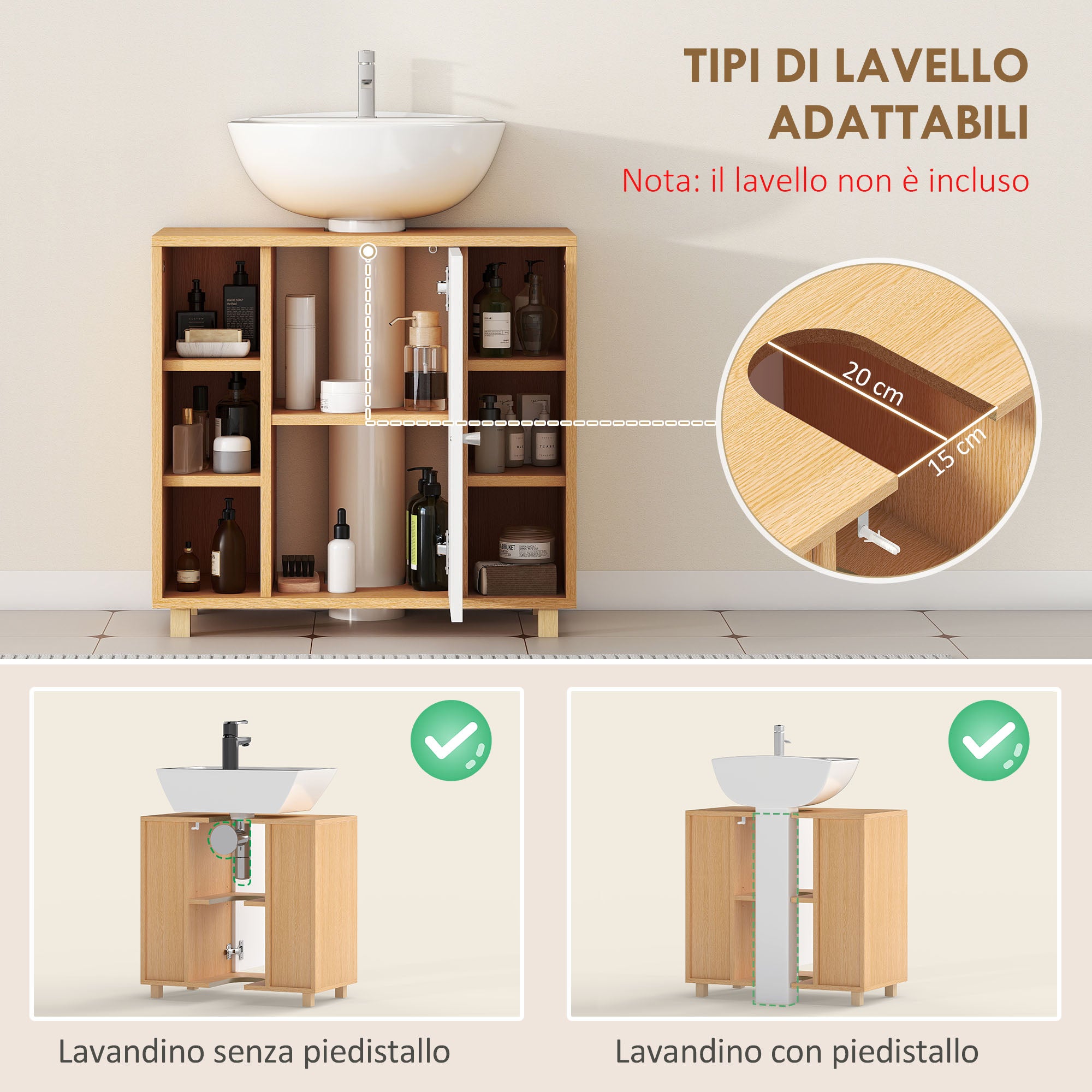 Mobile Sottolavabo Bagno 60x33x57cm con Armadietto a 2 Ante Soft-Close e 6 Ripiani Aperti Bianco