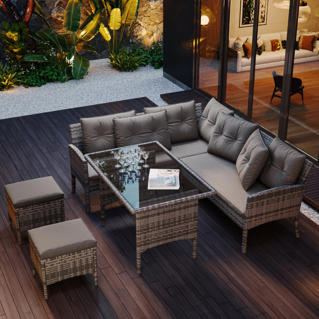 Set salotto polyrattan 7 persone: Divanooo + tavolo + sgabello + cuscini; tessuto sfoderabile lavabile; grigio