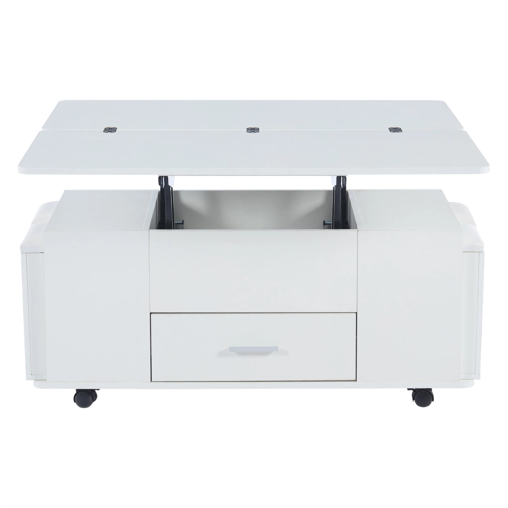 Tavolino da Caffè Sollevabile con 1 Cassetto e 4 Sgabelli Contenitore; Doppio Piano Idraulico; Stile Moderno; in Pannelli Truciolari; Bianco