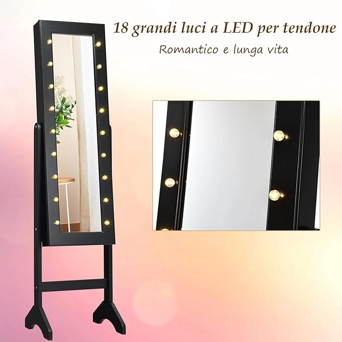Portagioie Armadietto Specchiera con 18 Luci LED, Specchio a Figura Intera, Organizer per Gioielli Moderno Elegante, 145x35x31,5cm (Nero)