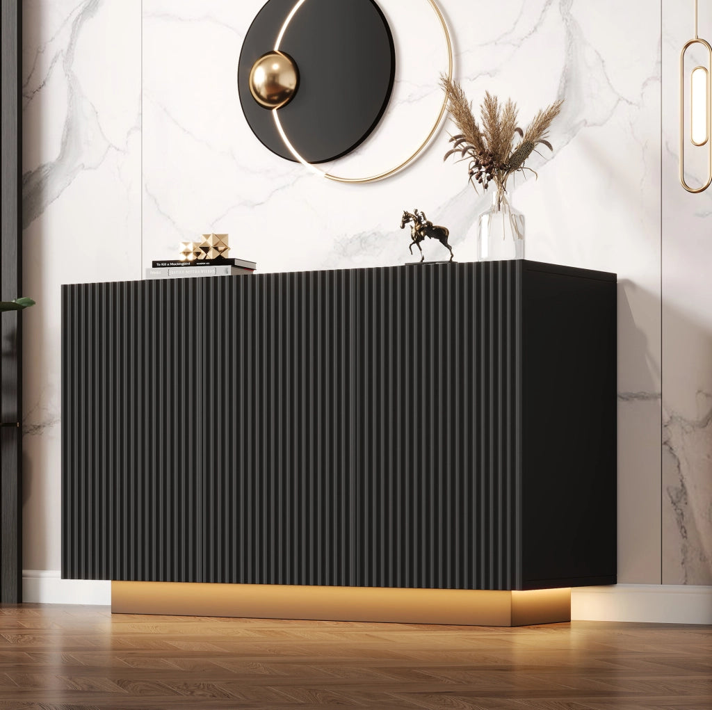 Credenza moderna 120 cm con LED Bluetooth, finitura nera effetto marmo, 3 ante e 6 scomparti