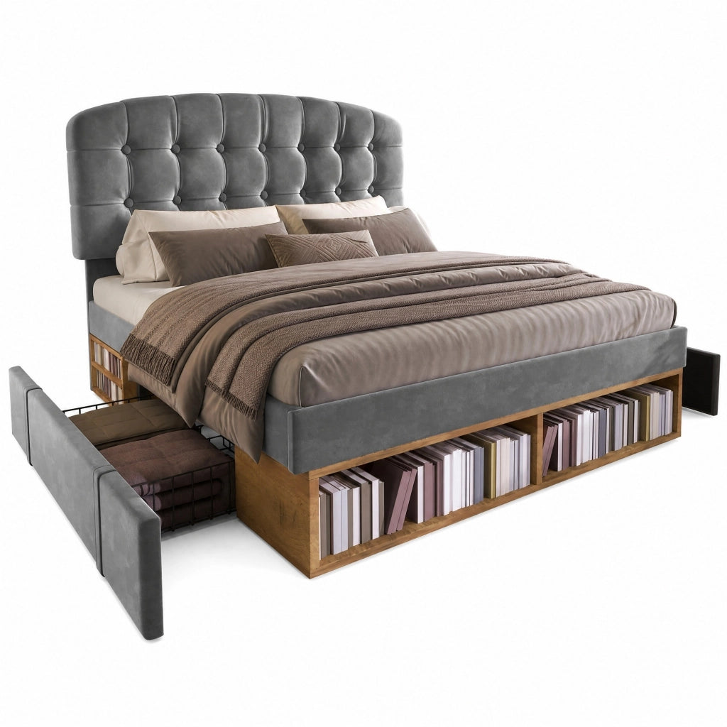Letto imbottito matrimoniale 140x200 cm in velluto grigio con rete a doghe, testiera regolabile, cassetti e vani portaoggetti
