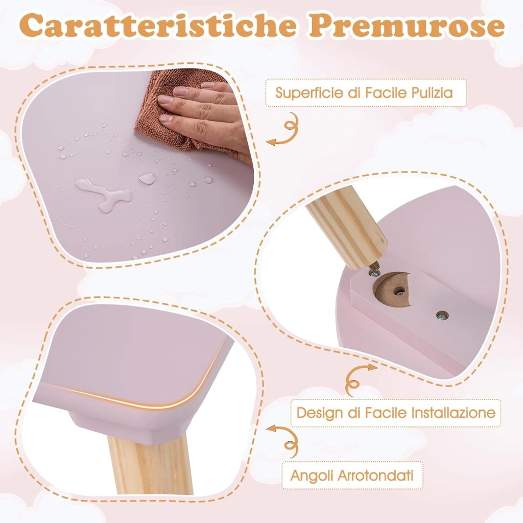 Set Tavolo per Bambini a Forma di Fiore, Tavolino e Sedia in Legno con 2 Sedie e Gambe in Legno di Pino Solido, Tavolino Bambini 3+ Anni per Disegno, Arte e Studio (Rosa)