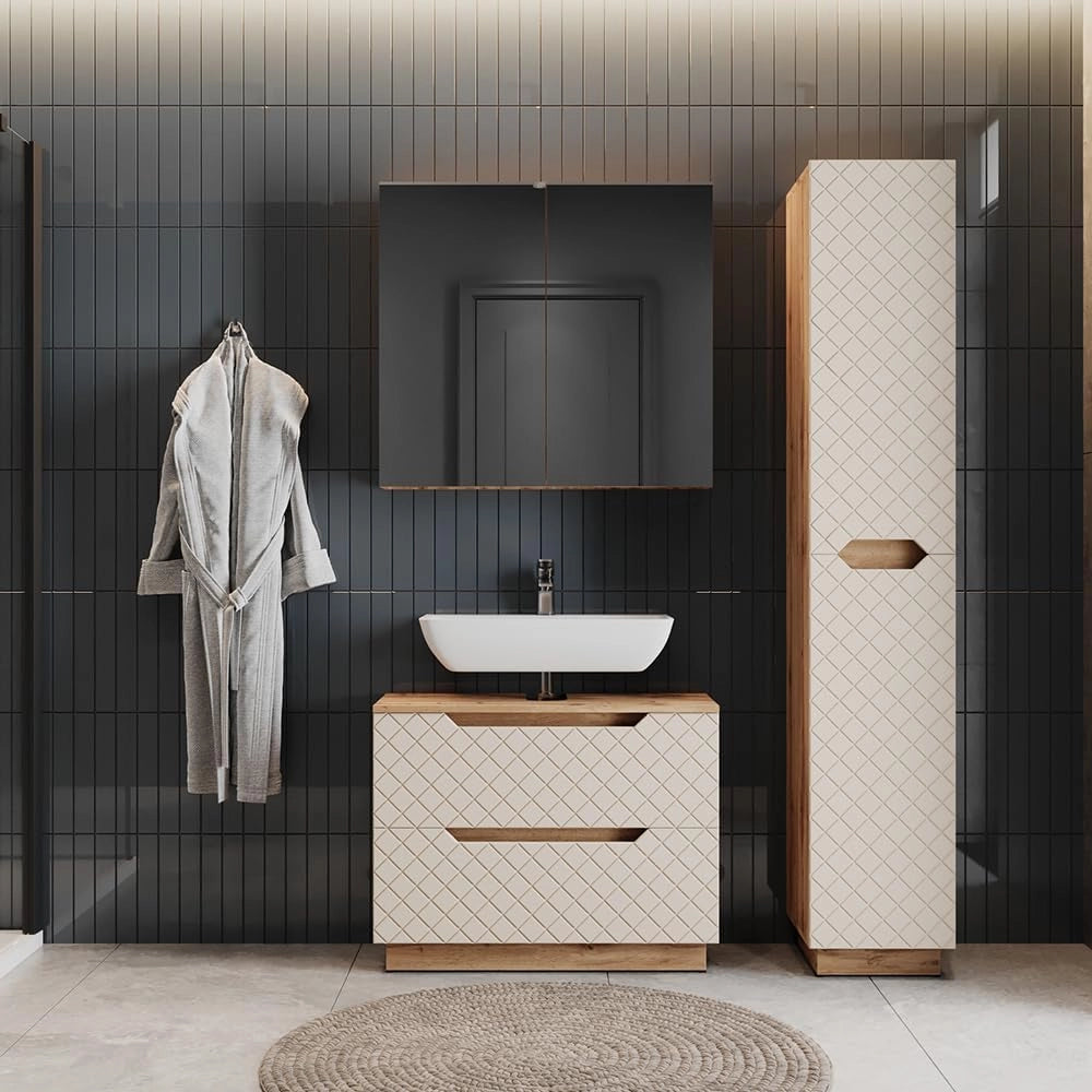 Set di mobili da bagno Lotta, Cachemire, 79.6 cm, composto da mobile sottolavabo, specchiera e colonna alta