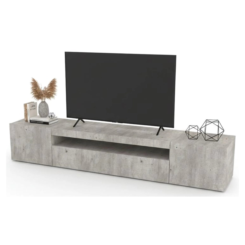 Mobile da soggiorno Porta Amore, Made in Italy, Supporto per Amore da salotto a 3 ante e ripiani, cm 200x40h37, Cemento, con luce LED blu