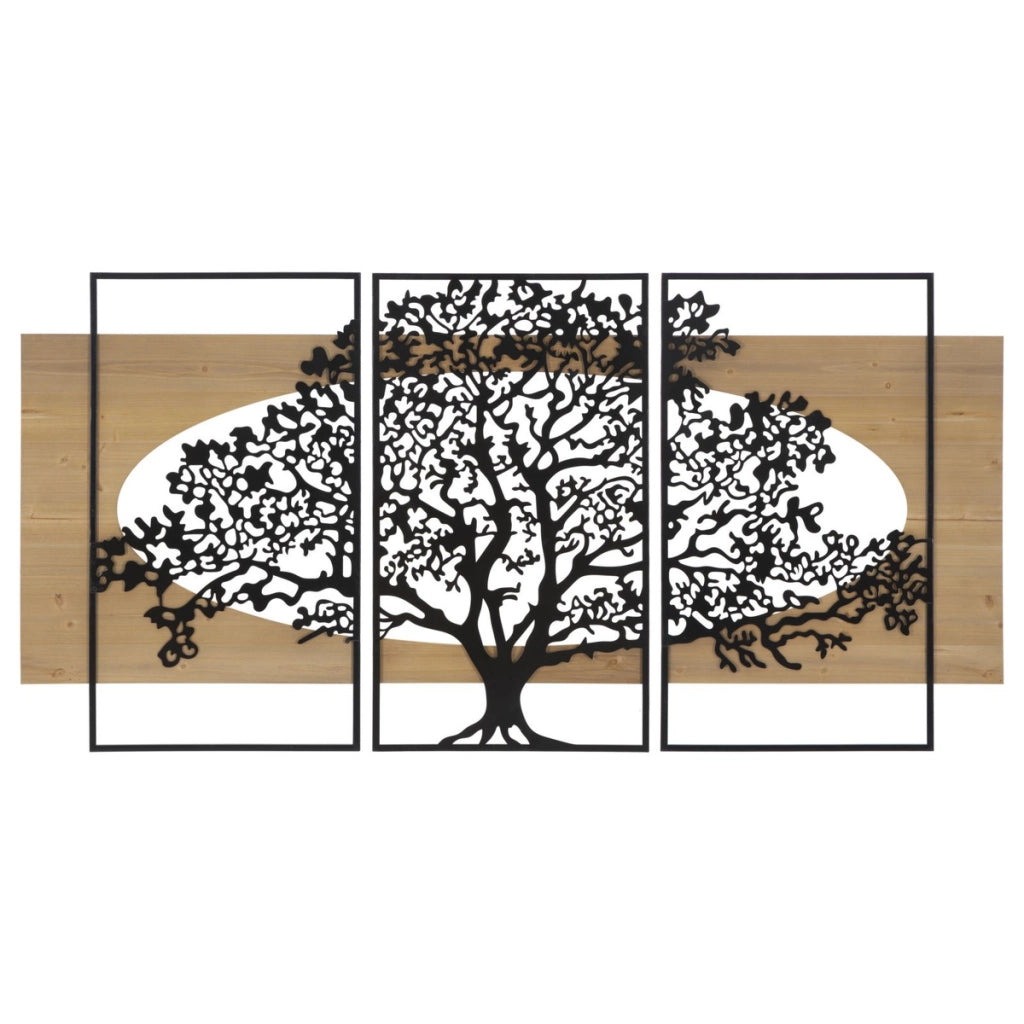 Pannello da muro Tree Albero della Vita in ferro e legno, set 3 pezzi 176x90 cm