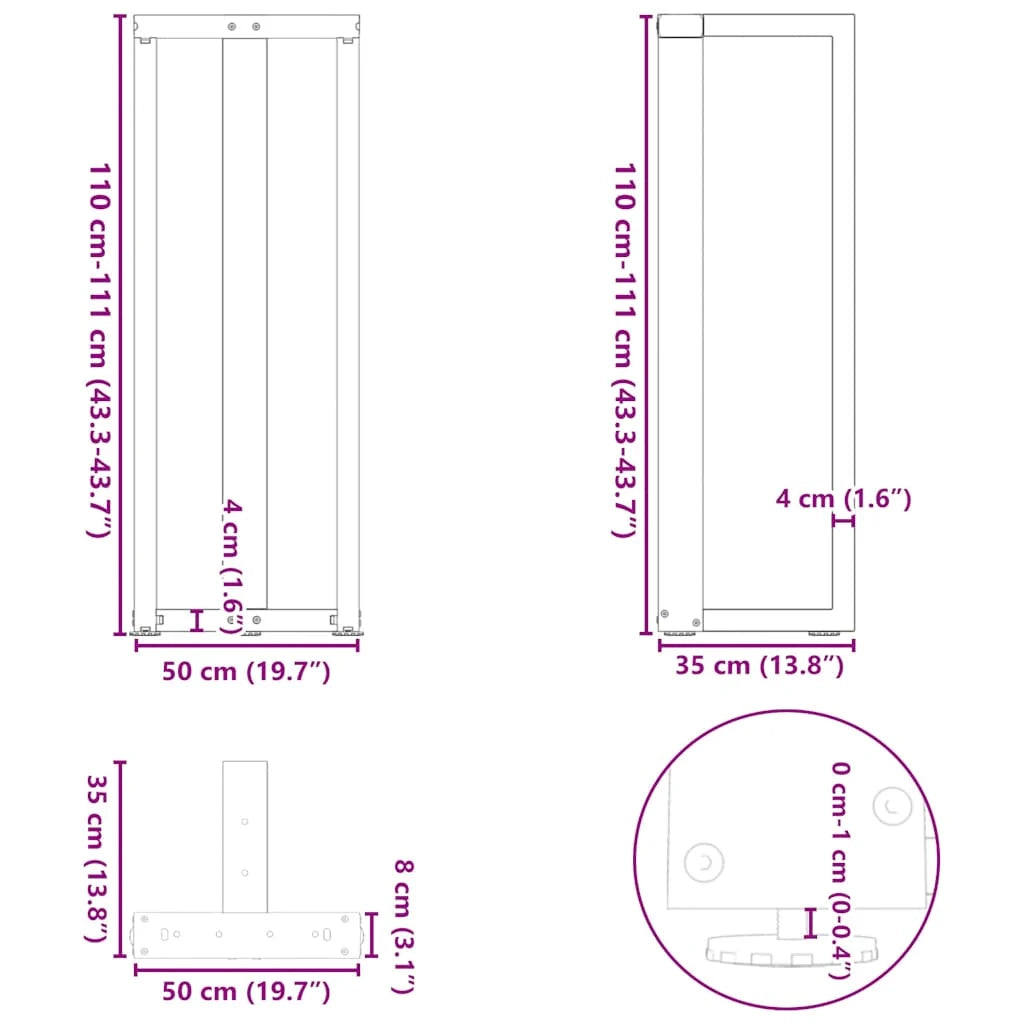 Set di 2 gambe per tavolo da bar a forma di T con piedini regolabili 50 x 35 x 110 cm acciaio verniciato a polvere nero 02_0057360