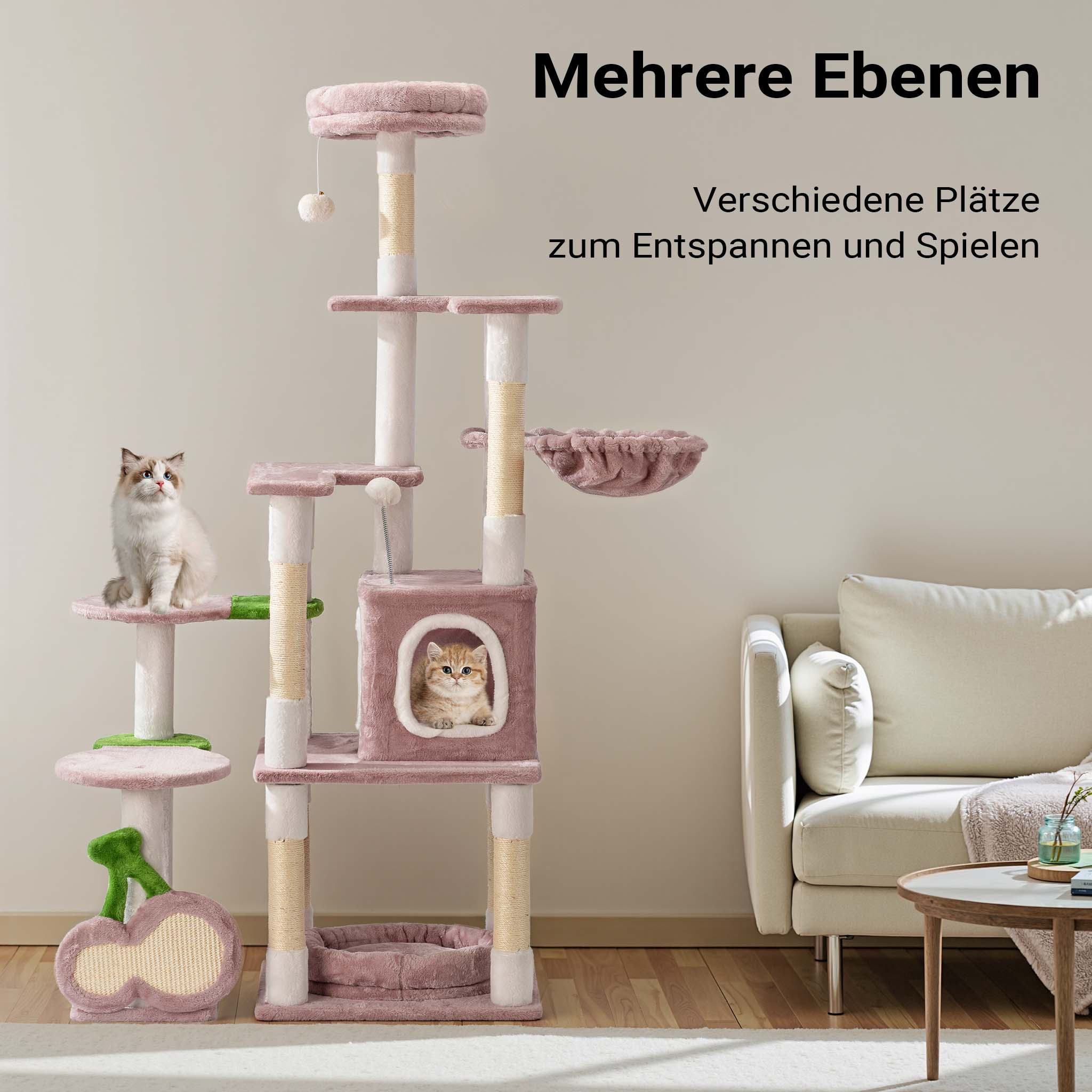 Fudajo Albero tiragraffi Ciliegia 162cm Rosa Con sisal, casetta per gatti e cucce