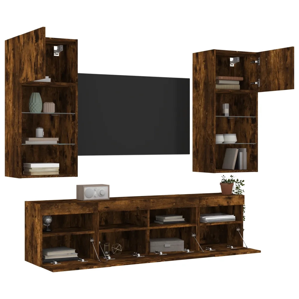 Mobili TV a Muro con LED 5 pz-Credenza per TV sospesa Rovere Fumo in Legno Multistrato 154019