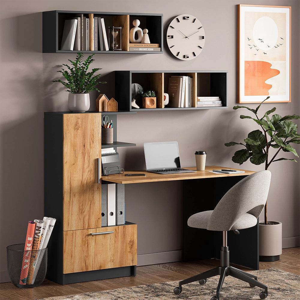 Set scrivania Tomy Antracite/Rovere dorato 150 x 59 cm Set di 3 come 2 ripiani + scrivania Vicco