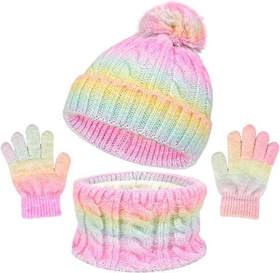 Set estivo invernale 3 in 1 - Cappello, sciarpa e guanti - Inverno - Cappello invernale caldo - Guanti - Sciarpa rotonda - Piumino imbottito e rivestito con fleece - Cappello a un solo strato - Adatto a bambini di 1-10 anni - Giallo chiaro