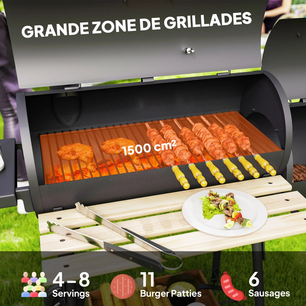 Barbecue a Carbone con Coperchio e Affumicatore Smoker, BBQ da Giardino con Ruote, Termometro e Ripiani, Nero