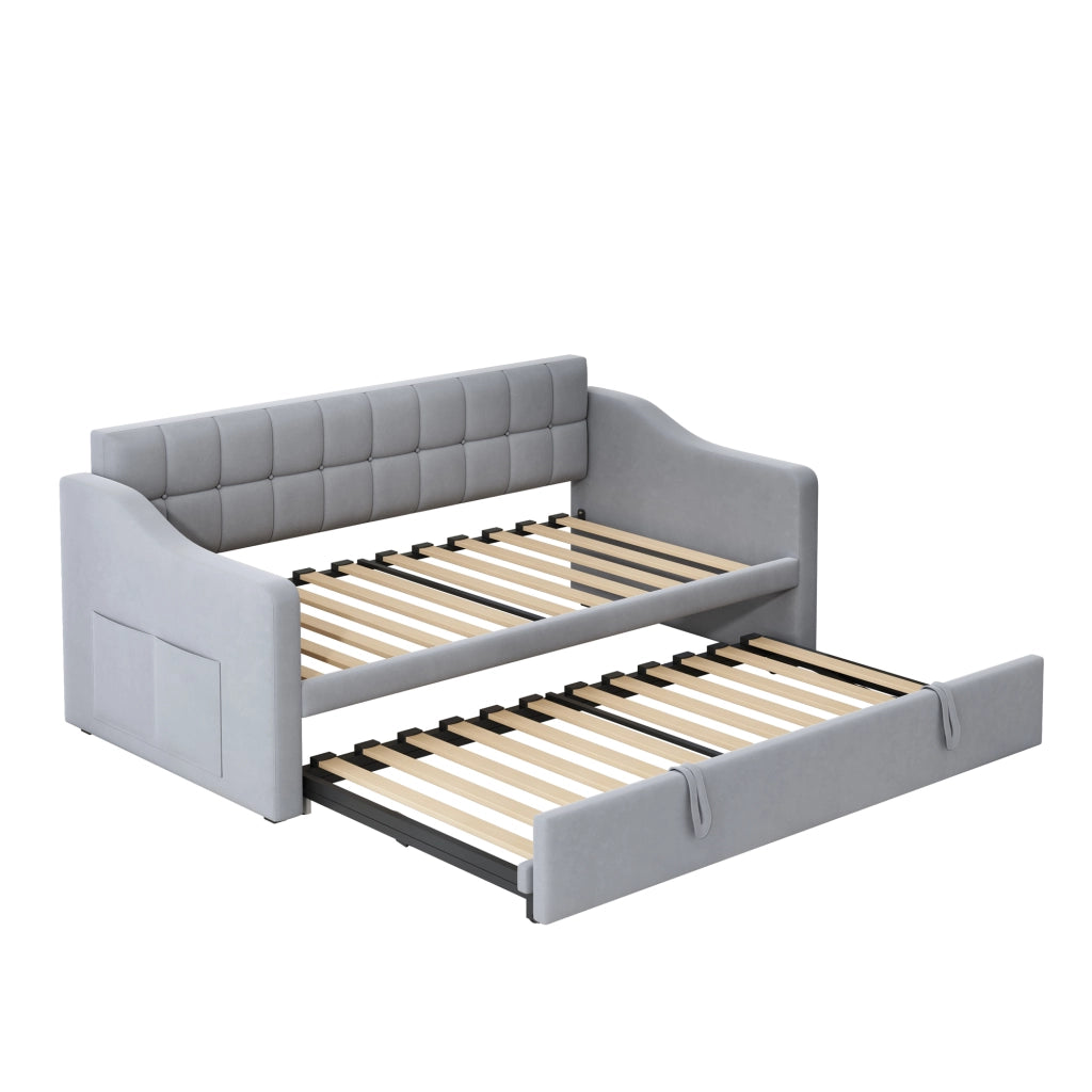 OKWISH Letto Estraibile 90×190 cm, Letto Singolo con 2 Porte USB, Presa e Tasca Portaoggetti, senza Materasso, Velluto, Grigio Chiaro