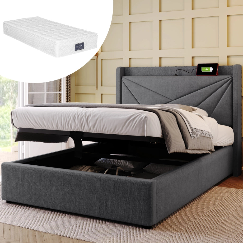 Letto singolo – 90x200 cm – USBC contenitore con materasso – lino