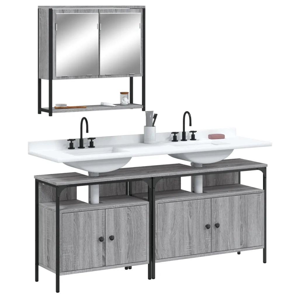 Set Mobili da Bagno | Armadio da bagno 3 pz Grigio Sonoma in Legno Multistrato