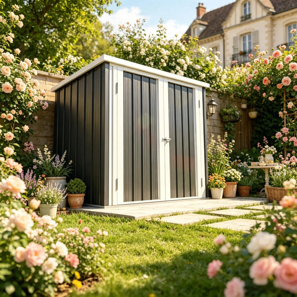 CASETTA DA GIARDINO 147x86x134 cm Nero/Bianco in acciaio e PP senza pavimento