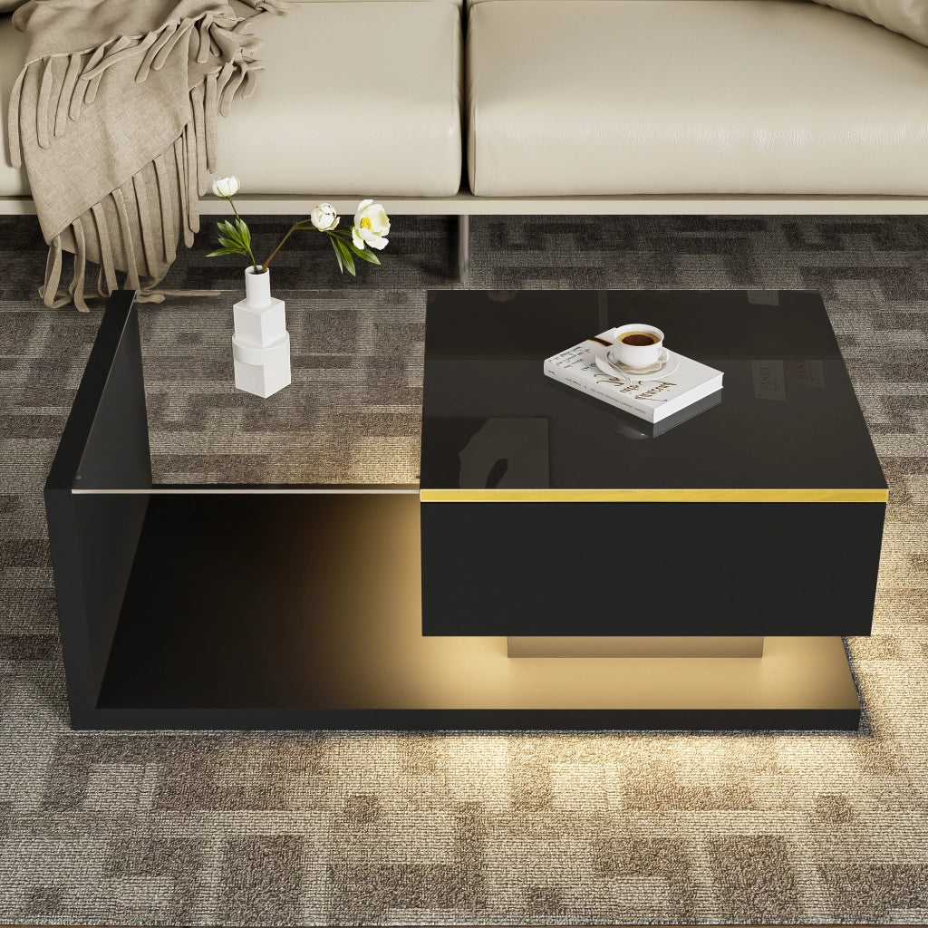 Tavolino da Salotto 90×50×32;5 cm con Piano in Vetro e LED 16 Colori; Nero Lucido; in Pannello truciolare; Nero