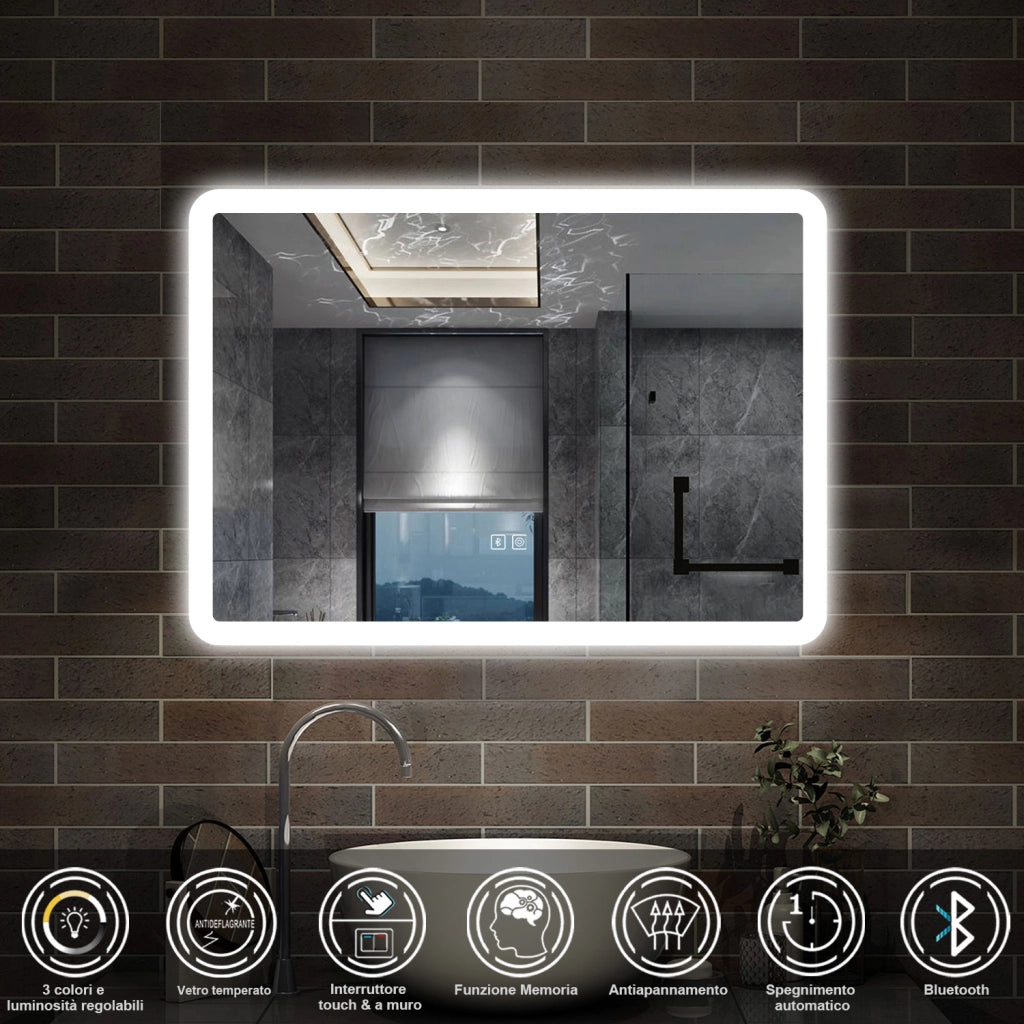 specchio rettangolare 70 x 50 cm con luce led a 3 colori, antiappannamento e touch, bluetooth