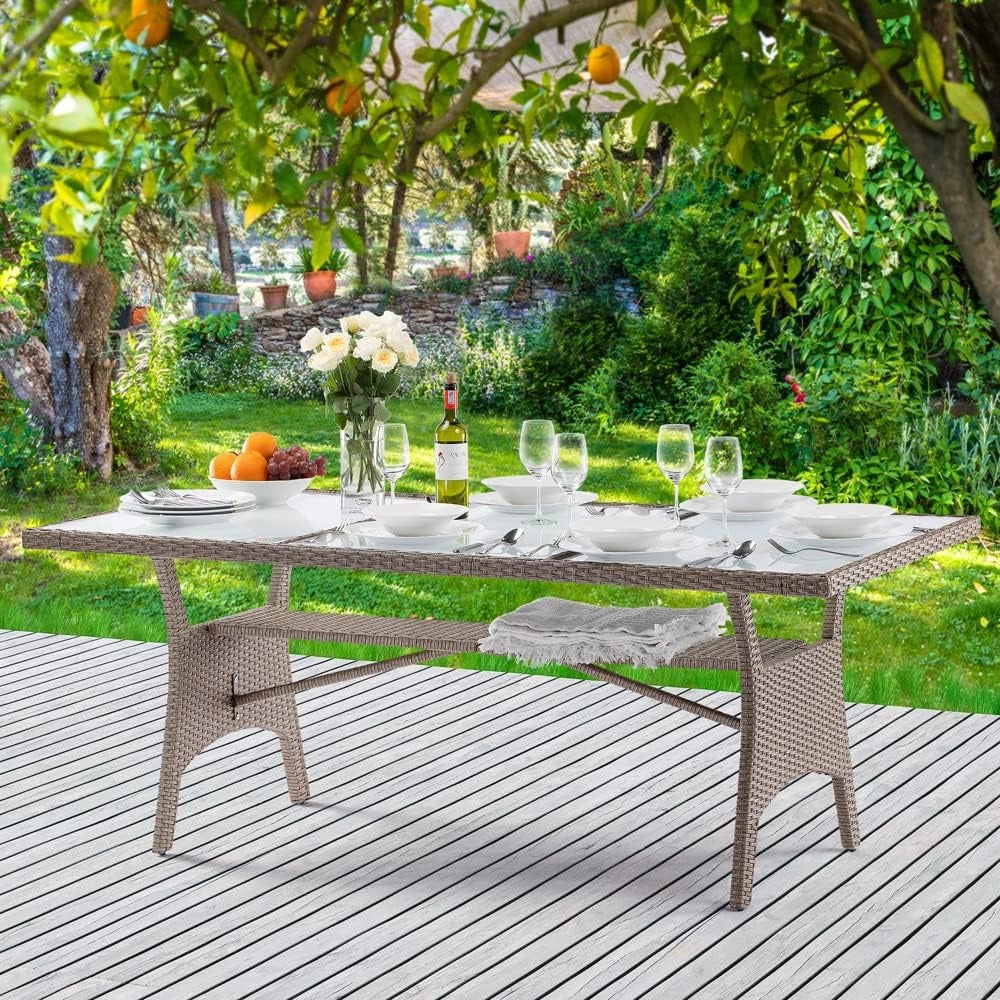 Tavolo da Giardino in Polyrattan 190x90x74cm con Ripiano in Vetro Altezza Regolabile da Pranzo per Terrazza Esterno