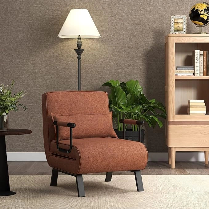 4 in 1 Poltrona Letto Singolo, Poltroncina Pieghevole con Schienale Regolabile in 6 Posizioni, Sedile Imbottito Robusto, Divano Letto per Casa Ufficio, 79x65x79 cm (Caffè)