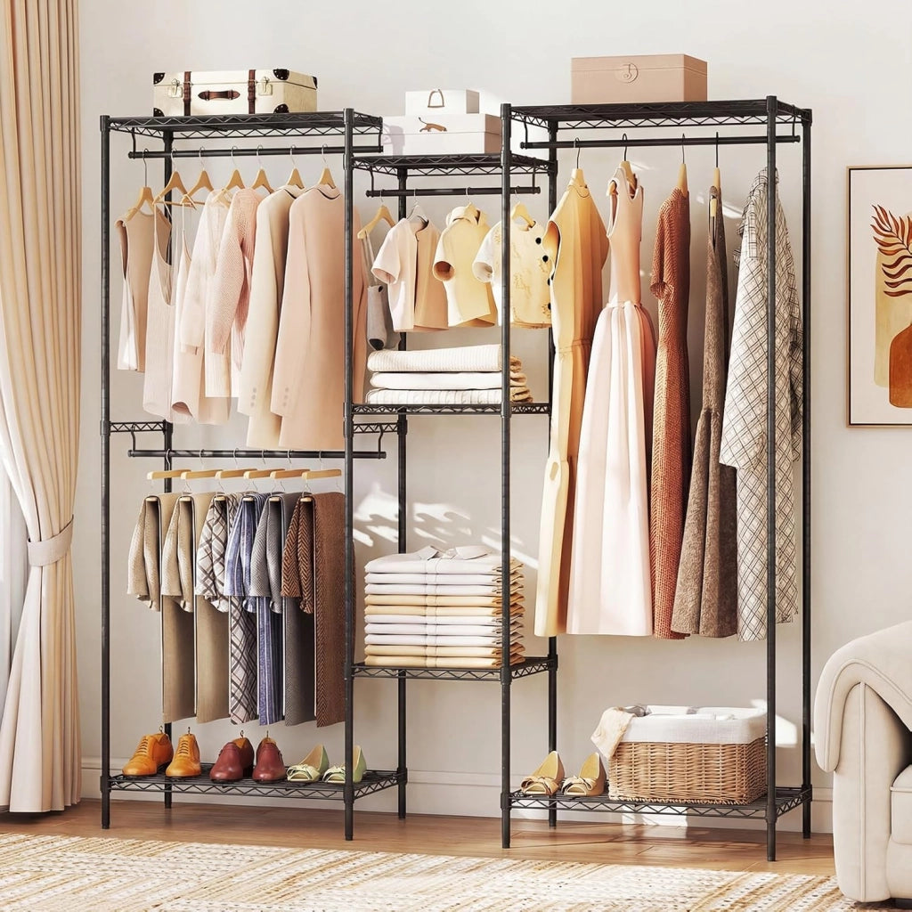 Appendiabiti asino convertibile, armadio per biancheria aperto con 7 ripiani regolabili e 4 aste per appendere, telaio in metallo, 188 x 46 x 198 cm, organizer per vestiti carico max. 530 kg