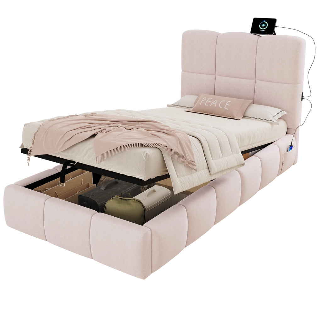 Letto imbottito singolo 90x200 cm con contenitore idraulico; USB Type-C; velluto rosa