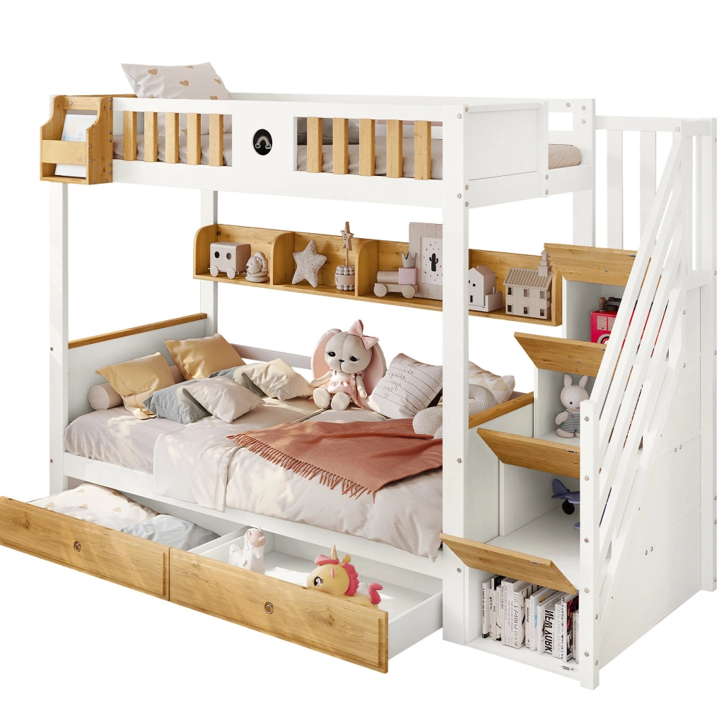 Letto a castello 90x200 cm con scala contenitore, cassetti e lavagna, bianco naturale