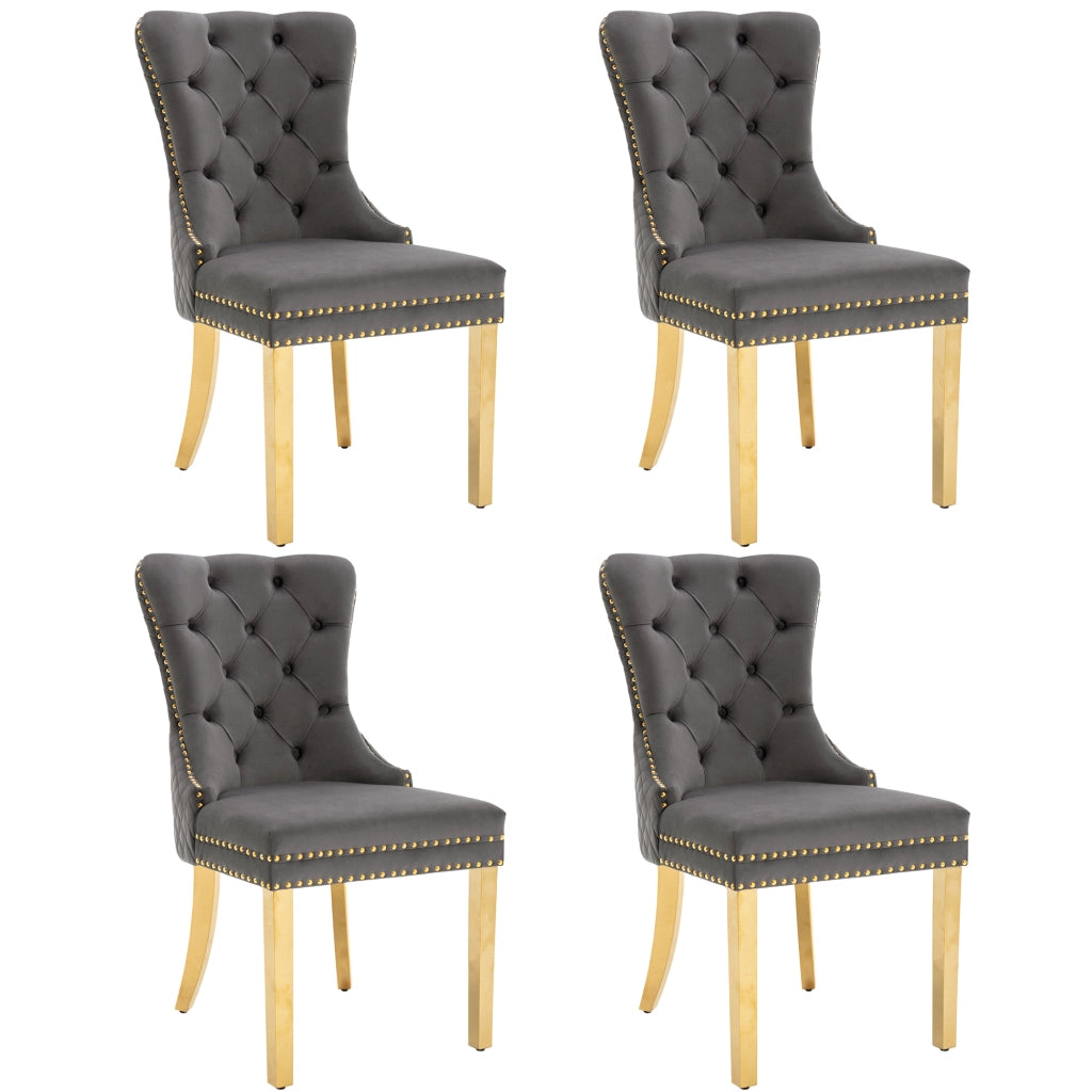 OKWISH Set di 4 Sedie da Sala da Pranzo con Anello sullo Schienale e Bordo Borchiato, Piedini Regolabili, Velluto Grigio