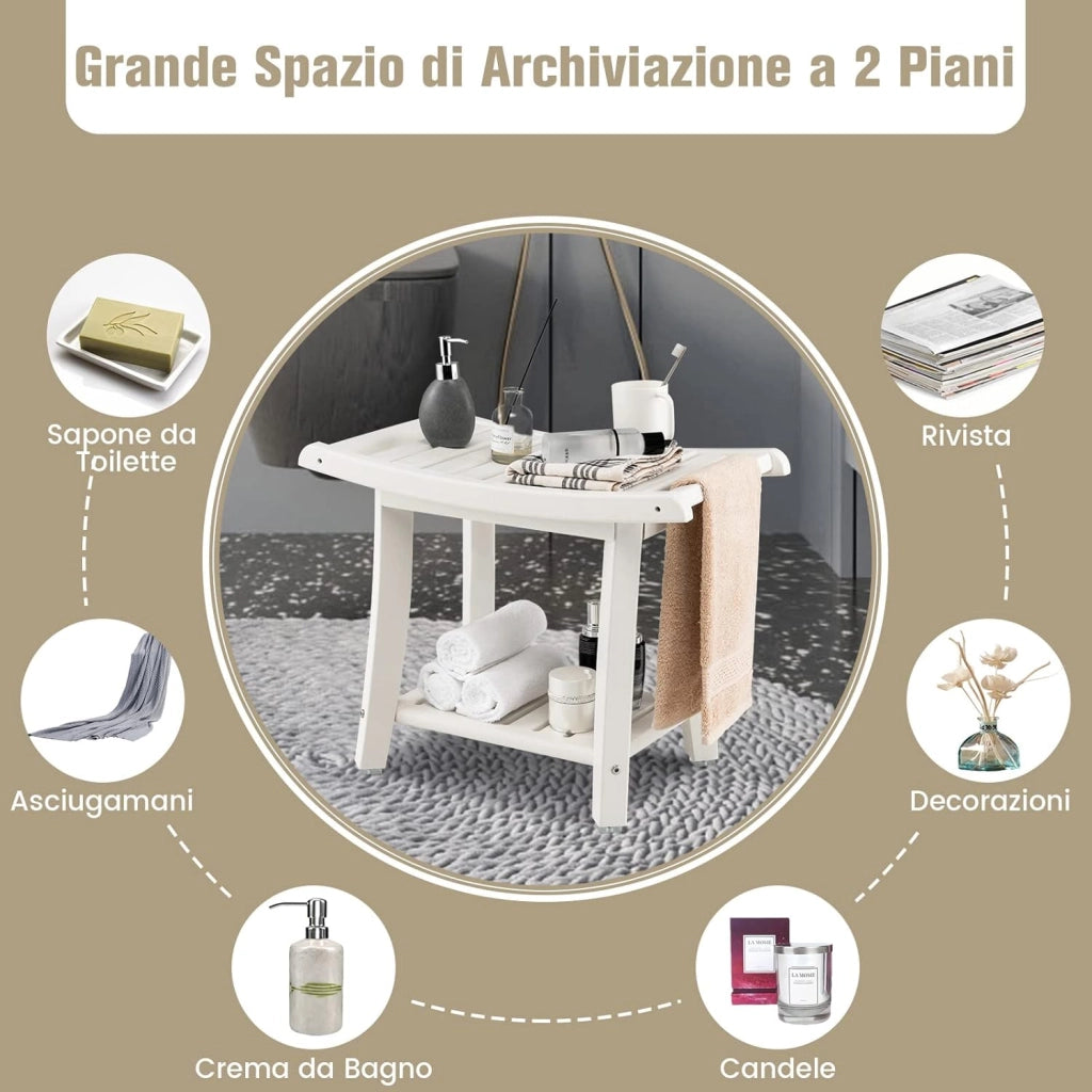 Panca da Doccia, Sgabello da Bagno Impermeabile con Sedile Curvo, con Portasciugamani e Piedini Antiscivoli, Panca Versatile con Ripiano, 60,5 x 34 x 48 cm