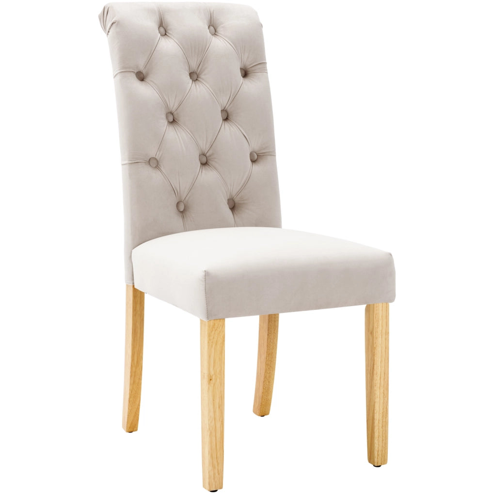 Set di 2 sedie da pranzo in velluto beige con gambe in legno di quercia