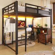 Letto a soppalco ULEVR 140x200 cm con scrivania, ripiani, barra appendiabiti, LED e USB, nero